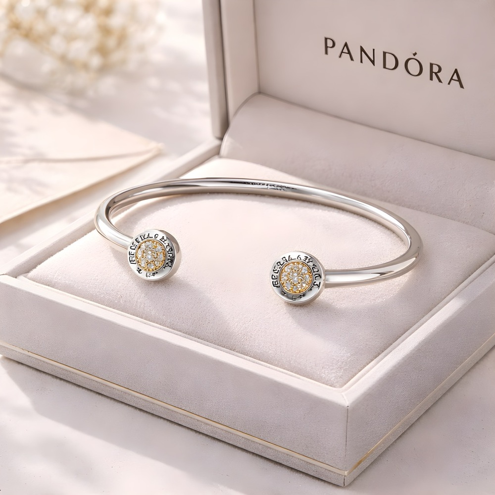 Authentic Retired Pandora Open Bangle Bracelet Sterling Silver/14k Yellow Gold